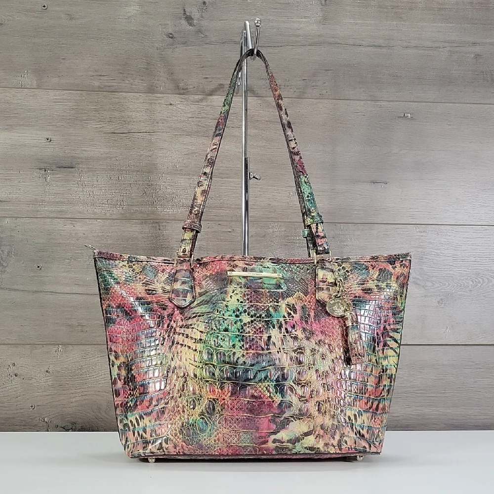 Brahmin Multi-Color Animal Print Croc-Embossed Leather Tote Shoulder Bag - Picture 1 of 16